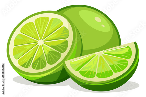 Vibrant illustration of a whole lime cut in half and a lime wedge on a white background
