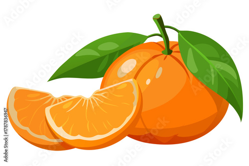 Vibrant orange fruit with two slices and green leaves on a white background