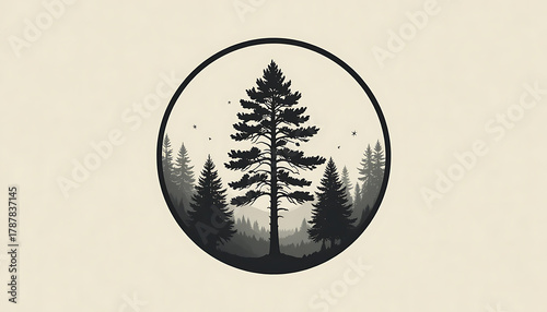 Minimalist Black and White Forest Scene with Solo Tree in Circular Frame