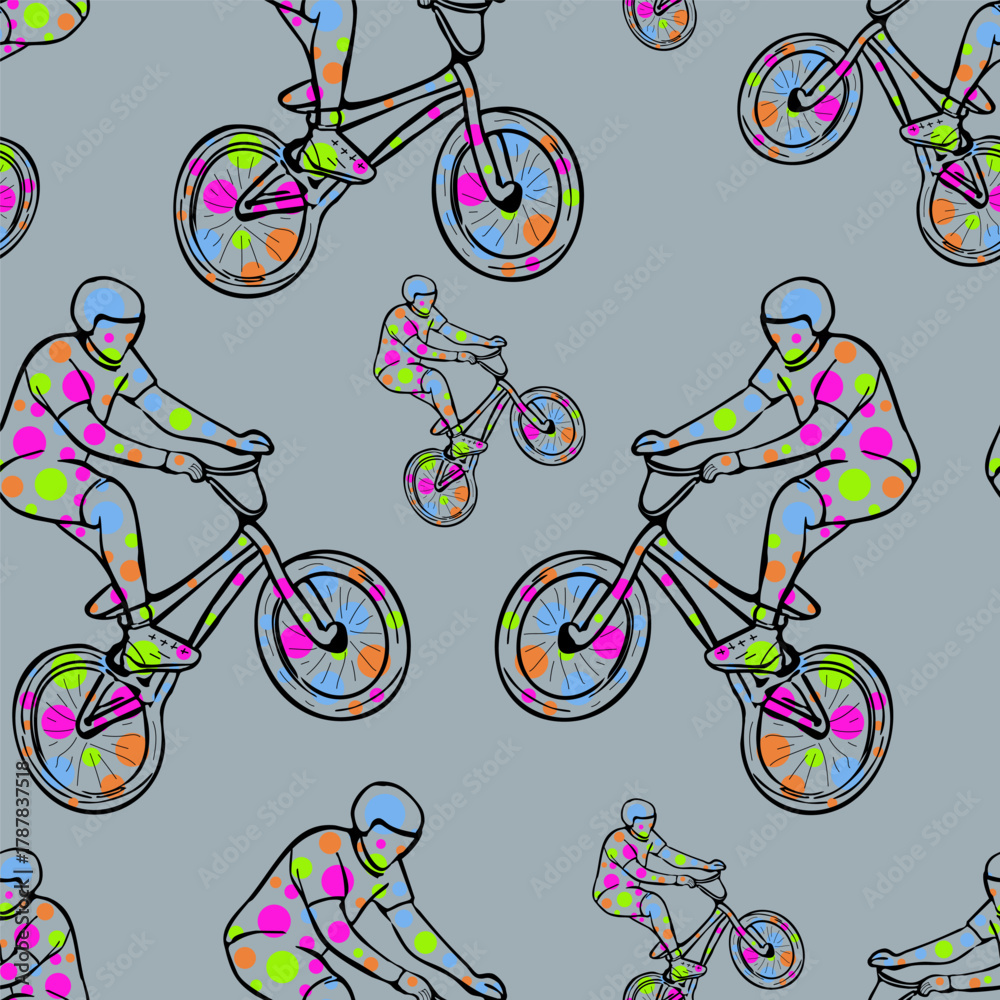Fototapeta premium Seamless pop art pattern with BMX riders in bright colors on a gray background. Dynamic street design for trendy sportswear, apparel, textile, and youth lifestyle prints.
