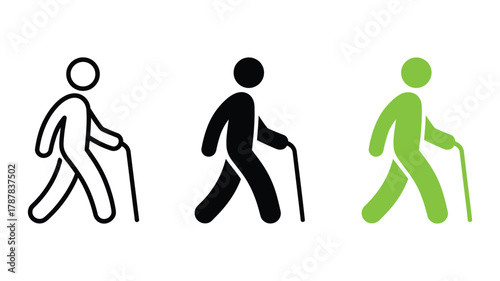 Elderly person walking with a cane icon set. minimalistic design illustrating senior mobility and assisted movement, health and independence.