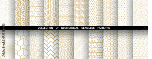 Geometric set of seamless golden and white patterns. Simple vector graphics