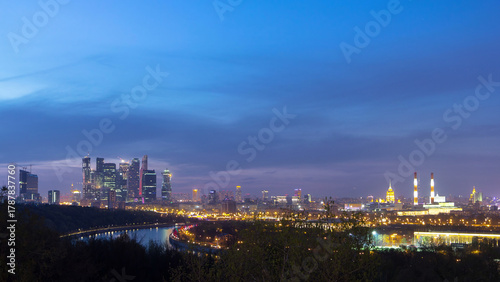 Photography Panoramic aerial view of Moscow City, Russia, from Sparrow Hills day to night ti