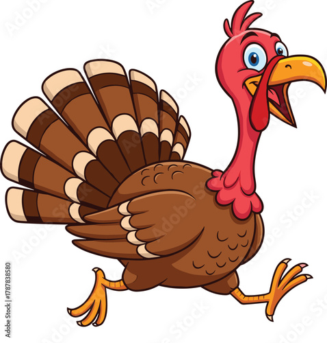 Animated cartoon turkey running with excited expression, vector illustration for Thanksgiving humor, seasonal design, and editorial festive character content