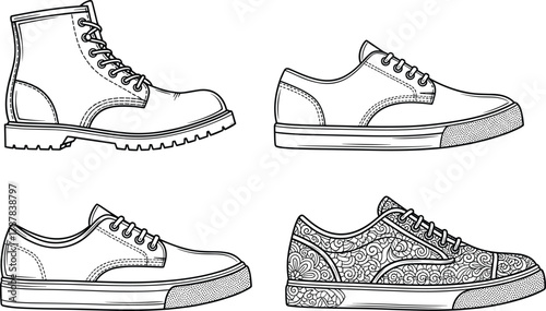 Black and white line art of four shoe styles, vector illustration for fashion design, product mockups, and editorial footwear content