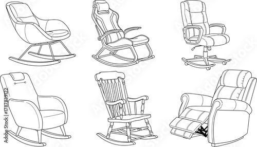 Black and white line art of six rocking chair styles, vector illustration for furniture design, ergonomic studies, and editorial interior content