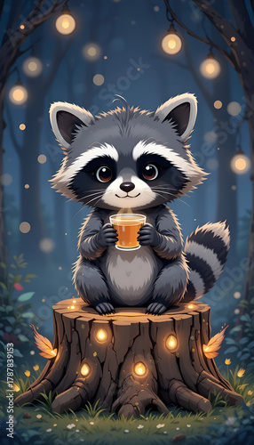 Cozy Woodland Raccoon: Cute Cartoon Animal Drinking on a Log with Fairy Lights