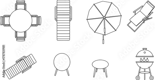 Black and white line drawings of outdoor furniture, patio accessories, garden chairs, tables, umbrellas, grill, lounge seating, backyard decor elements