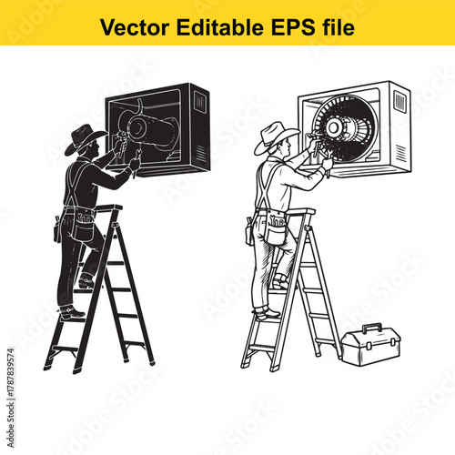 A repairman installs an air conditioner on a ladder, depicted in silhouette and line art