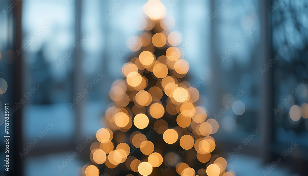 Obraz premium Blurred Christmas Tree with Warm Lights in Modern Indoor Setting