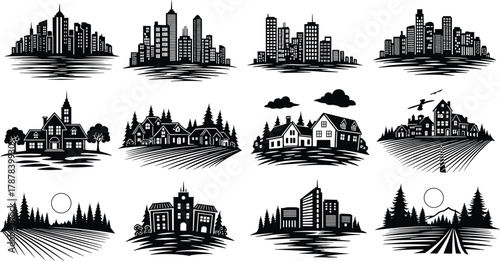 Black and white vector illustrations of urban cityscapes and rural landscapes, architectural scenes, nature elements, buildings, trees, fields, and sky designs