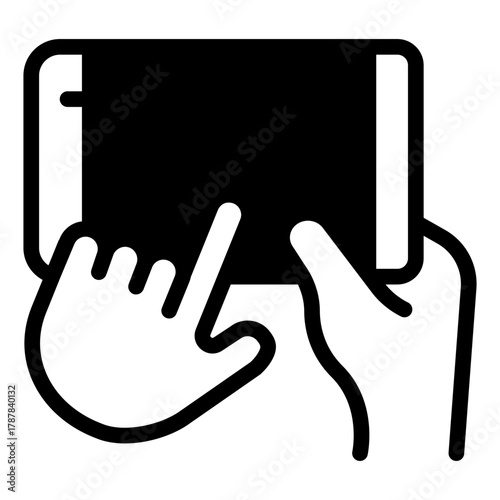 Smartphone horizontally in hand solid icon, using gadget concept, touchscreen phone with index finger sign on white background, glyph style for mobile web design. Vector graphics.