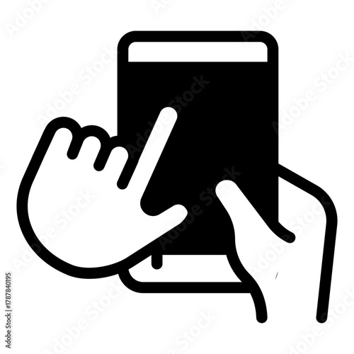 Mobile phone upright in hand solid icon, using smartphone concept, touch screen with index finger sign on white background, glyph style for mobile web design. Vector graphics.