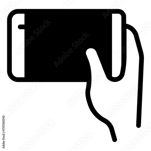 Touchscreen phone held horizontally solid icon, using smartphone concept, cellphone straight in hand sign on white background, glyph style for mobile web design. Vector graphics.