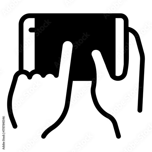 Phone held in hand solid icon, using smartphone concept, touchscreen mobile phone with finger sign on white background, glyph style for mobile web design. Vector graphics.