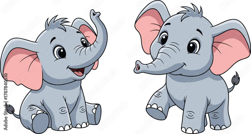 Fototapeta premium Cartoon baby elephants sitting and smiling, vector illustration for children’s education, playful animal character, and friendship or bonding concept