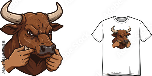 Bull with forced smile graphic illustration, vector artwork for emotional symbolism, fashion design, and editorial concept apparel content