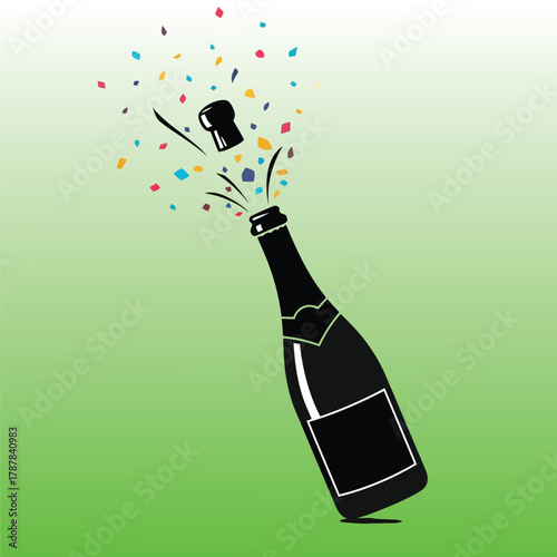 Black champagne bottle exploding with colorful confetti 3