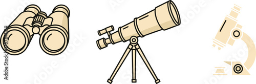 Cartoon binoculars, telescope, and microscope set, vector illustration for science education, observation tools, and conceptual magnification theme