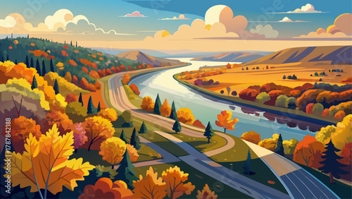 Very beautiful aerial view of a curving road along the Mississippi River during autumn, featuring colorful fall foliage, calm river waters, and a realistic scenic rural landscape.
