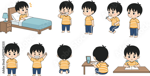 Cartoon boy in daily routine scenes, vector illustration for children’s education, character design, and storytelling or editorial content