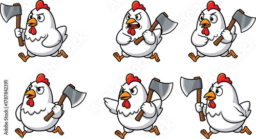 Cartoon chickens holding axes in aggressive poses, vector illustration for humorous character design, parody concept, and editorial animal content