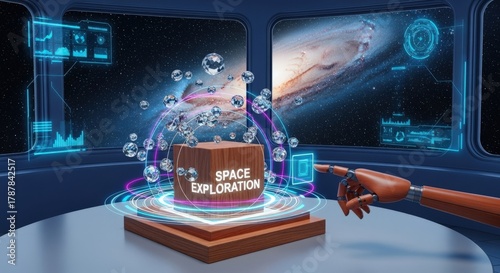 Space Exploration Futuristic Concept Art: Holographic Data Rings, Robotic Arm, and Cosmic Nebula Backdrop