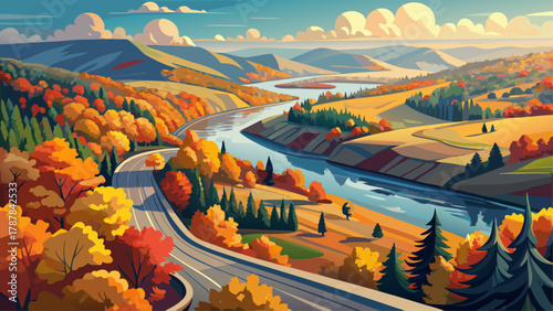 Very beautiful aerial view of a curving road along the Mississippi River during autumn, featuring colorful fall foliage, calm river waters, and a realistic scenic rural landscape.