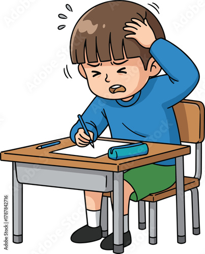 Cartoon child stressed while writing at desk, vector illustration for educational themes, emotional literacy, and editorial classroom character content
