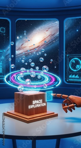Space Exploration Futuristic Concept Art: Holographic Data Rings, Robotic Arm, and Cosmic Nebula Backdrop