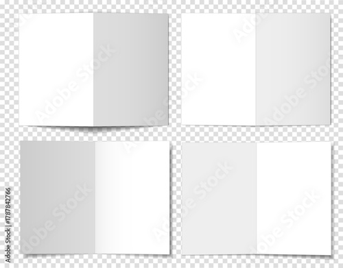 A set of mockups of open booklets, books, and two-page brochures on a transparent background, in four different orientations. 