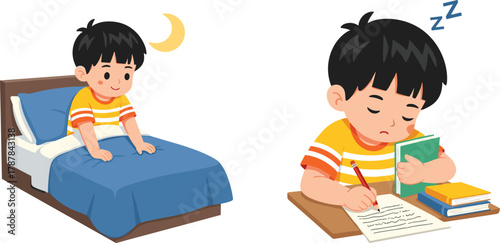 Cartoon child waking up and falling asleep while studying, vector illustration for daily routine, education theme, and editorial storytelling concept