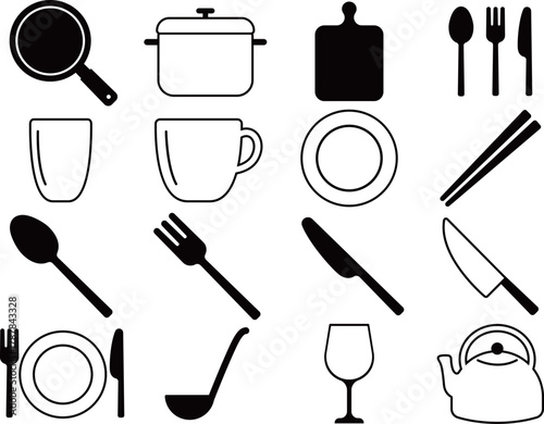 食器と調理器具のアイコン16種セット　モノトーン