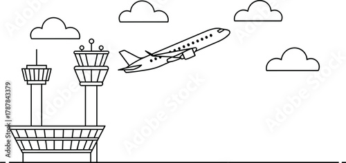 Airplane taking off from modern airport control tower, aviation travel concept with clouds, runway and terminal building, minimal line art design illustration vector background