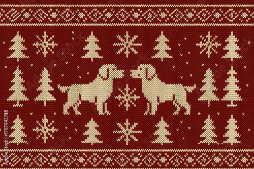 Wallpaper Mural Festive Christmas Labradors in Knitted Sweater Patterns - Cozy Winter Holiday Canine Art with Snowflakes and Trees on Red Background Torontodigital.ca