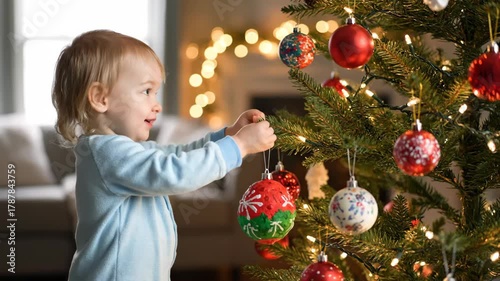 Adorable toddler wearing pajamas carefully placing a colorful ornament on a festive christmas tree, celebrating holiday joy and childhood innocence in a cozy home setting