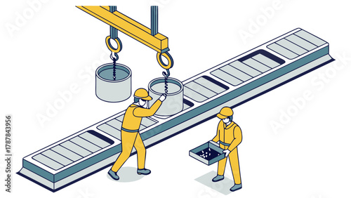 Factory worker in yellow safety suit casting metal, dangerous career, metal industry, isometric cartoon vector, isolated scene.