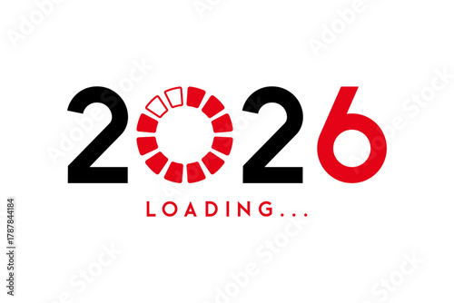 Loading Happy New Year 2026 banner concept with a circular spinner black and red typography. Modern vector for countdowns, future goals, web banners, cards, holiday posts, new year loading, 2026 load