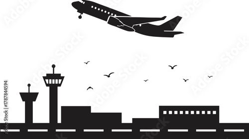 Airport silhouette with airplane taking off, control tower, runway, birds in sky, black and white illustration, aviation infrastructure, travel concept, departure scene, tarmac view