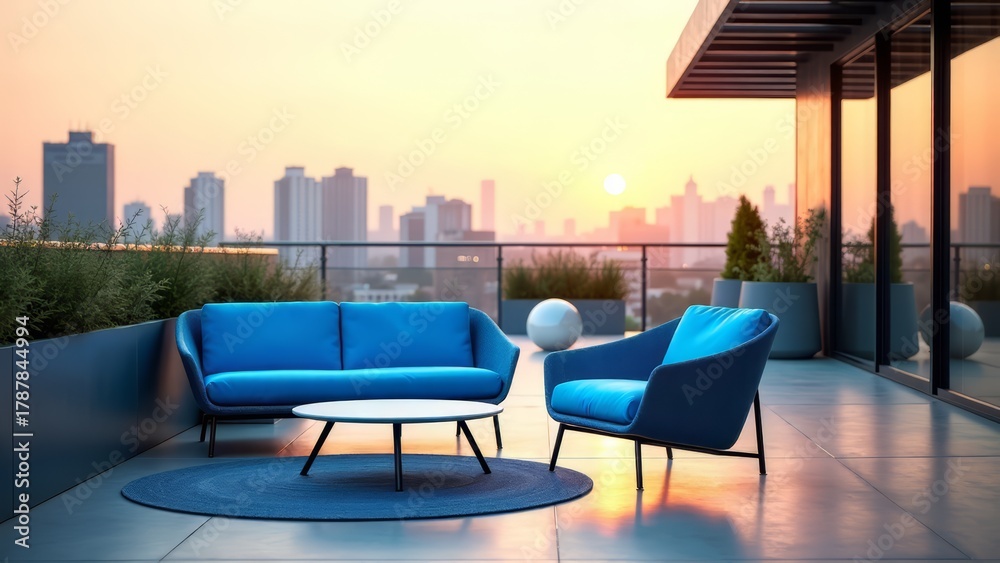 Fototapeta premium Outdoor patio with blue recycled plastic furniture