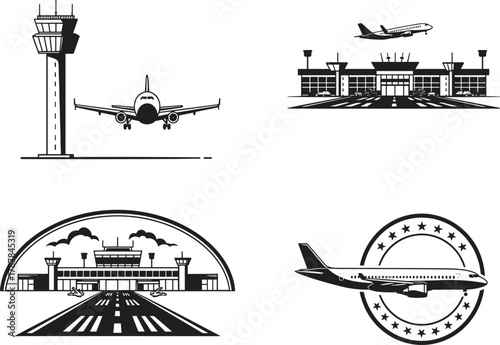 Airport terminal illustrations, control tower, airplane silhouettes, aviation infrastructure, black and white vector, travel concept, editable, isolated, minimal design, transport hub, graphic, emblem