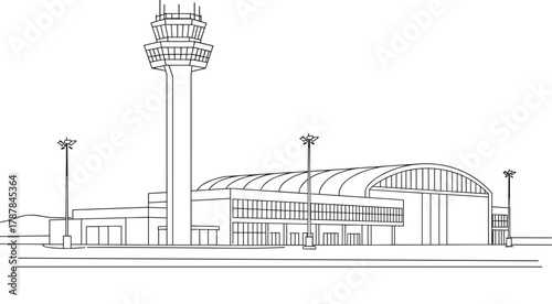 Airport terminal line drawing, control tower left side, curved roof, large windows, entryways, light poles, hills background, black and white architecture illustration