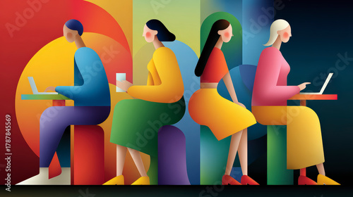 Four stylized individuals sitting on colorful chairs, each engaged with laptops or tablets, depicted in a modern, abstract art style.