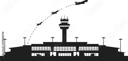 Airport terminal silhouette, control tower, airplane takeoff paths, aviation infrastructure, black and white vector, travel concept, editable, isolated, minimal design, transport hub, graphic, runway