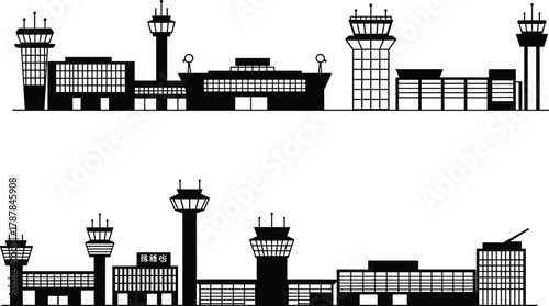 Airport terminal silhouettes, control tower architecture, diverse airport layouts, aviation infrastructure, black and white vector, travel concept, editable, isolated, minimal design, transport hub, 