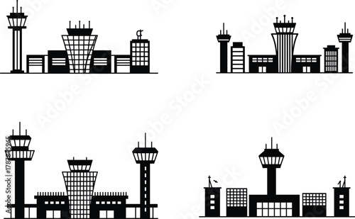 Airport terminal silhouettes, control tower designs, diverse architecture, aviation infrastructure, black and white vector, travel concept, editable, isolated, minimal layout