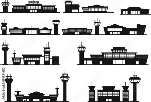 Airport terminal silhouettes, control tower variations, architectural diversity, aviation infrastructure, black and white vector, travel concept, editable, isolated, 