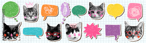 Cat halftone collage vector faces and speech bubbles set, Funny animal heads with empty text balloons