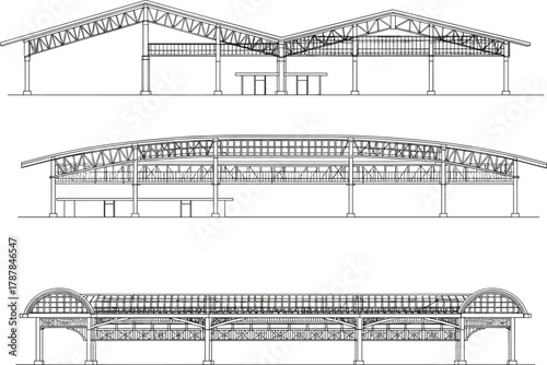 Architectural elevation drawings of building structure, front side rear views, gabled and arched roof designs, column supports, technical illustration, construction planning, blueprint concept