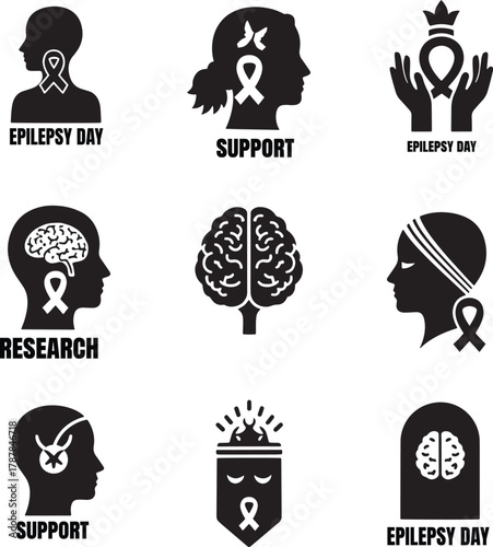 Black white icons depicting epilepsy awareness and support ribbon brain